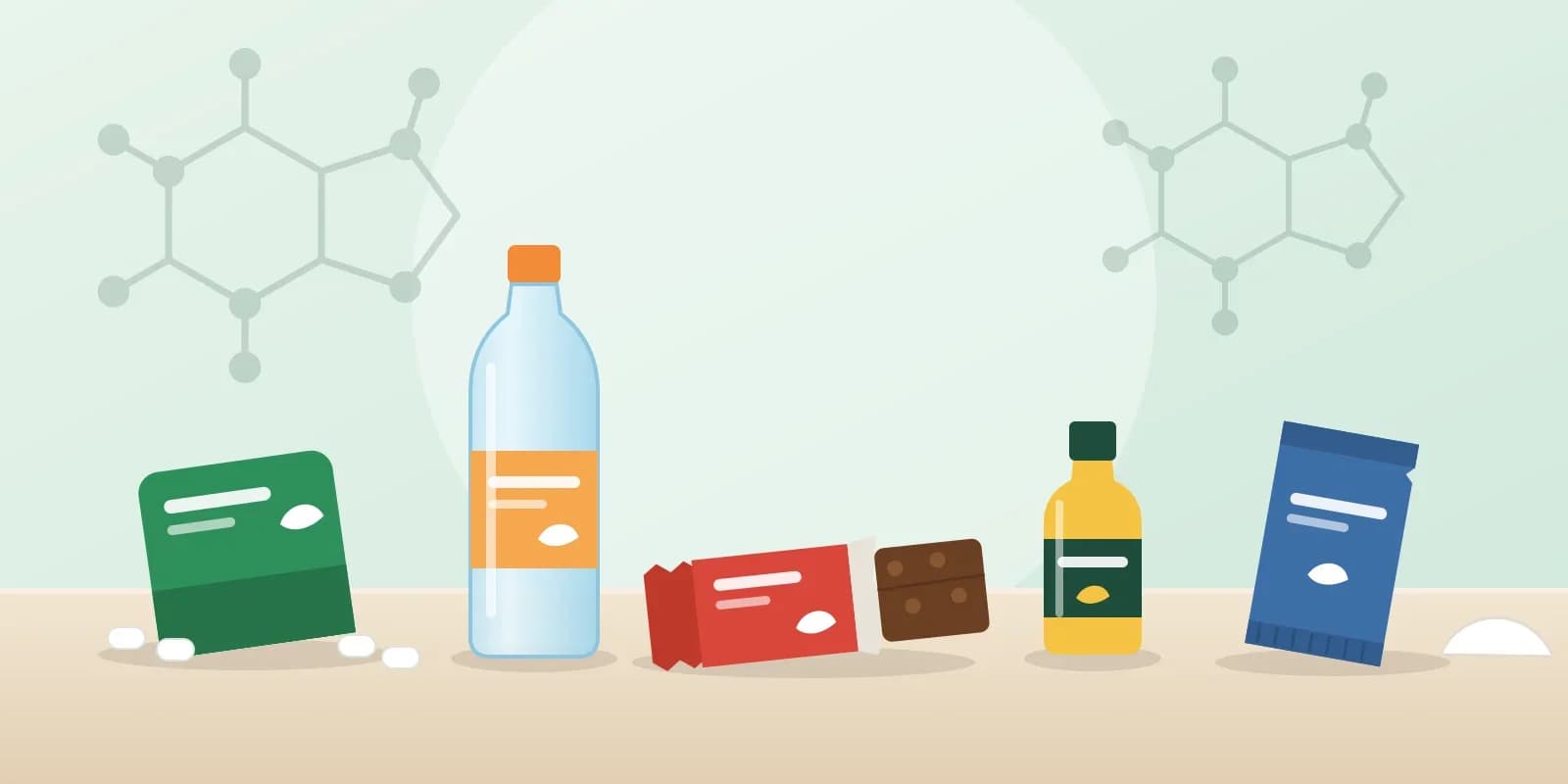 Caffeine-based products including energy gum, functional water, an energy bar, an energy shot and a sports gel