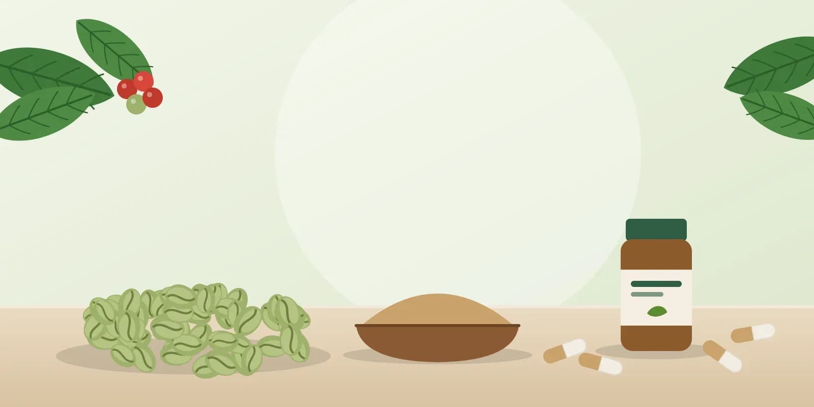 Unroasted green coffee beans beside a bowl of green coffee extract powder and capsules