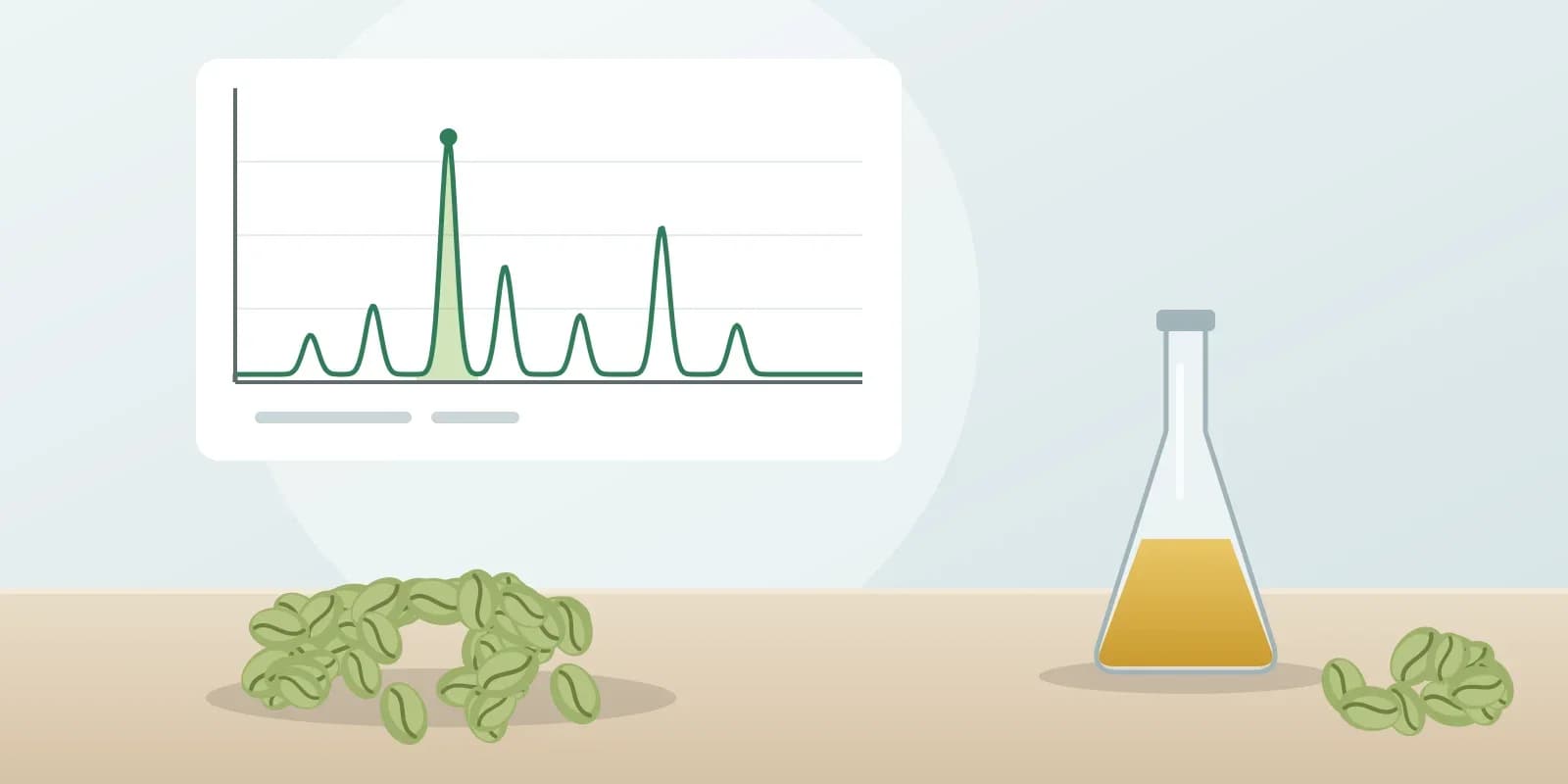 Green coffee beans with a laboratory flask and an HPLC chromatogram showing chlorogenic acid peaks